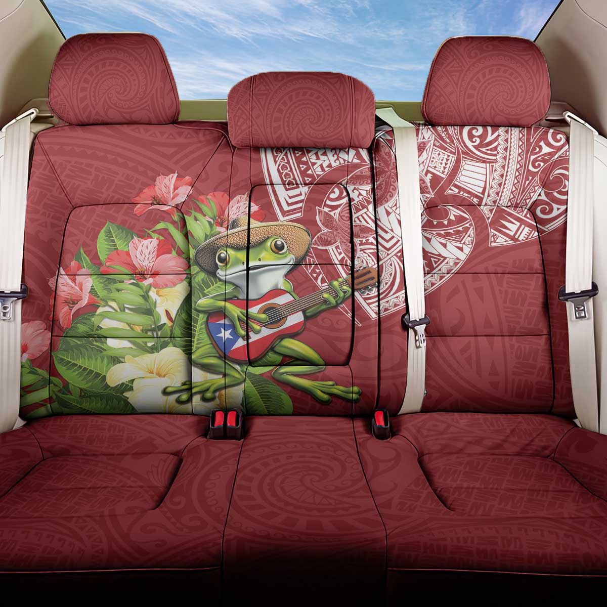 Puerto Rico Coqui Frog Back Car Seat Cover Tropical Flowers Polynesian Style - Polynesian Pride