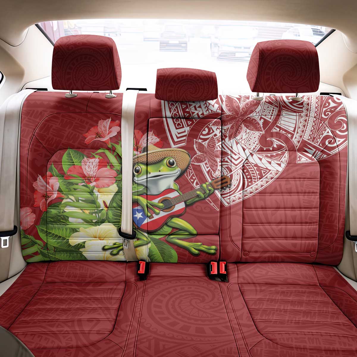 Puerto Rico Coqui Frog Back Car Seat Cover Tropical Flowers Polynesian Style - Polynesian Pride