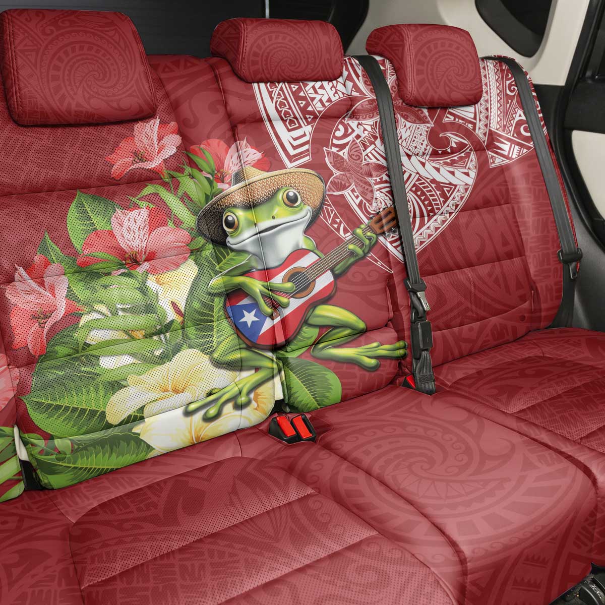 Puerto Rico Coqui Frog Back Car Seat Cover Tropical Flowers Polynesian Style - Polynesian Pride