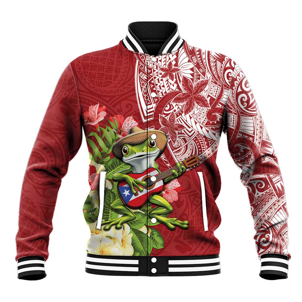 Puerto Rico Coqui Frog Baseball Jacket Tropical Flowers Polynesian Style - Polynesian Pride