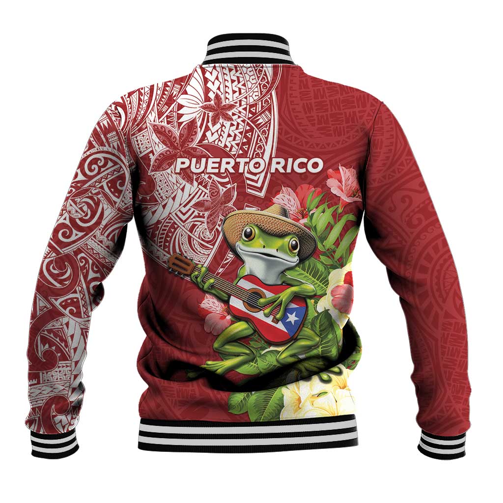 Puerto Rico Coqui Frog Baseball Jacket Tropical Flowers Polynesian Style - Polynesian Pride