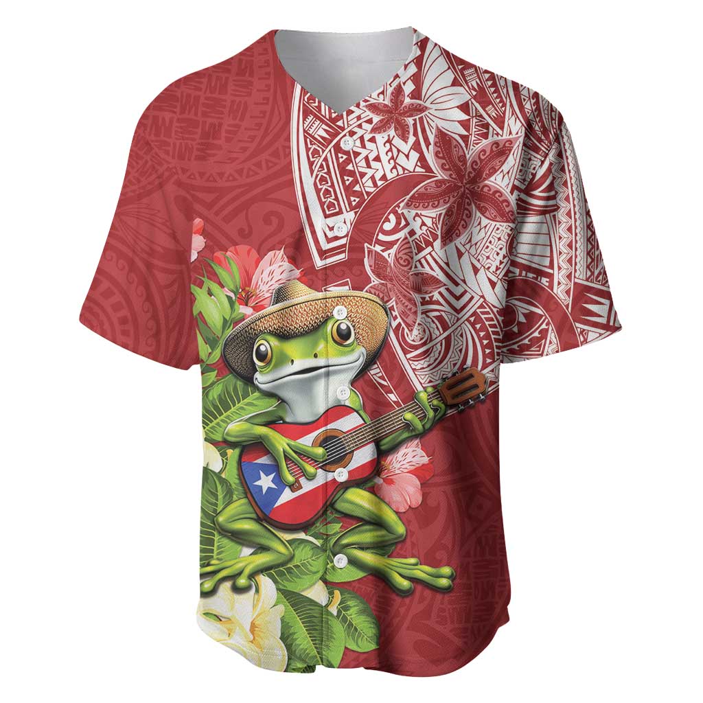 Puerto Rico Coqui Frog Baseball Jersey Tropical Flowers Polynesian Style - Polynesian Pride