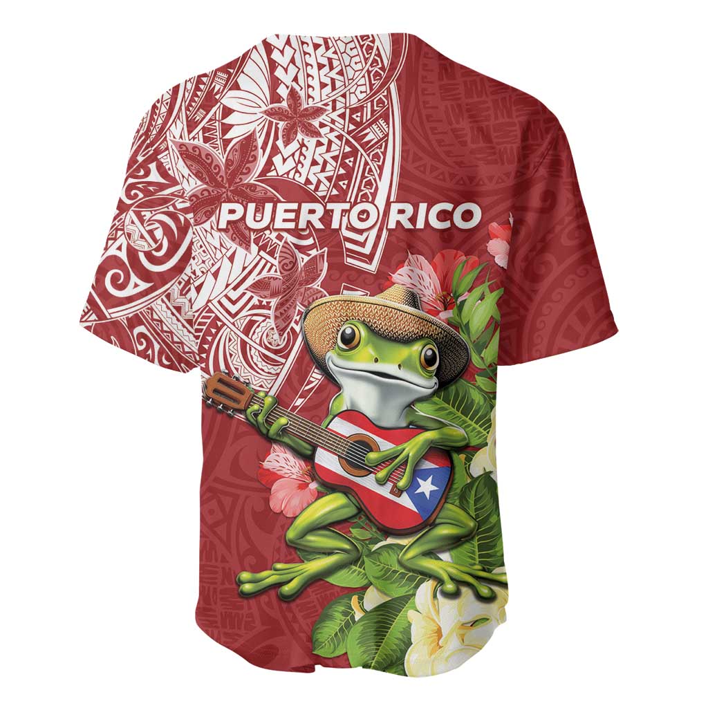 Puerto Rico Coqui Frog Baseball Jersey Tropical Flowers Polynesian Style - Polynesian Pride