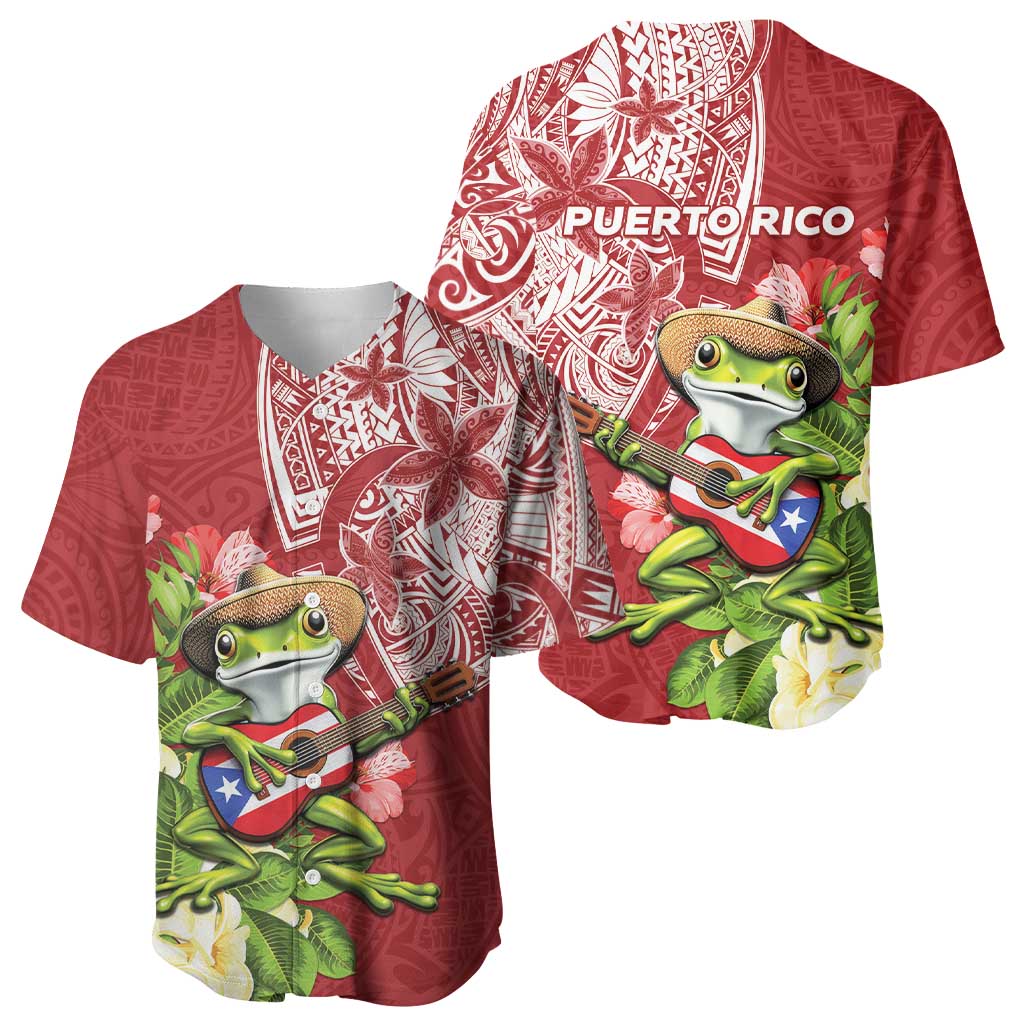 Puerto Rico Coqui Frog Baseball Jersey Tropical Flowers Polynesian Style - Polynesian Pride