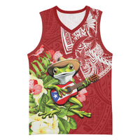 Puerto Rico Coqui Frog Basketball Jersey Tropical Flowers Polynesian Style - Polynesian Pride