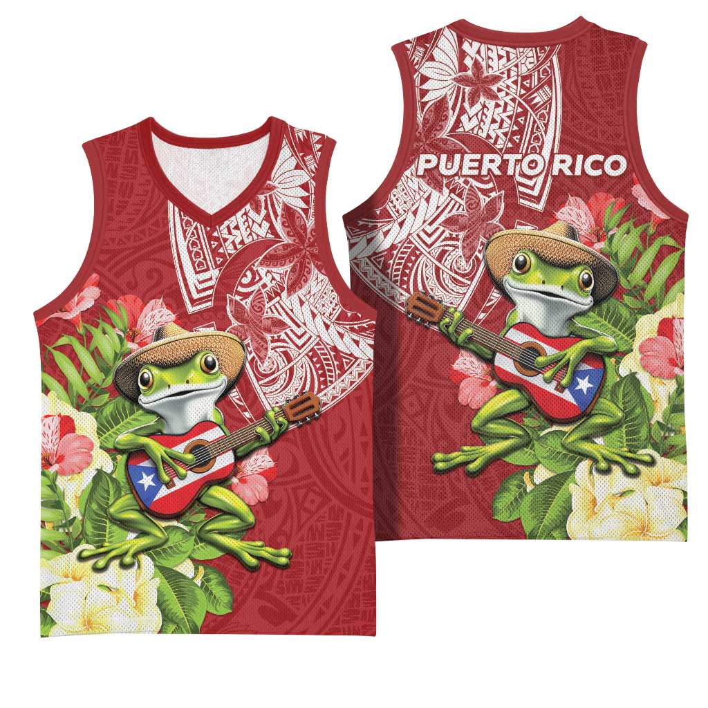 Puerto Rico Coqui Frog Basketball Jersey Tropical Flowers Polynesian Style - Polynesian Pride