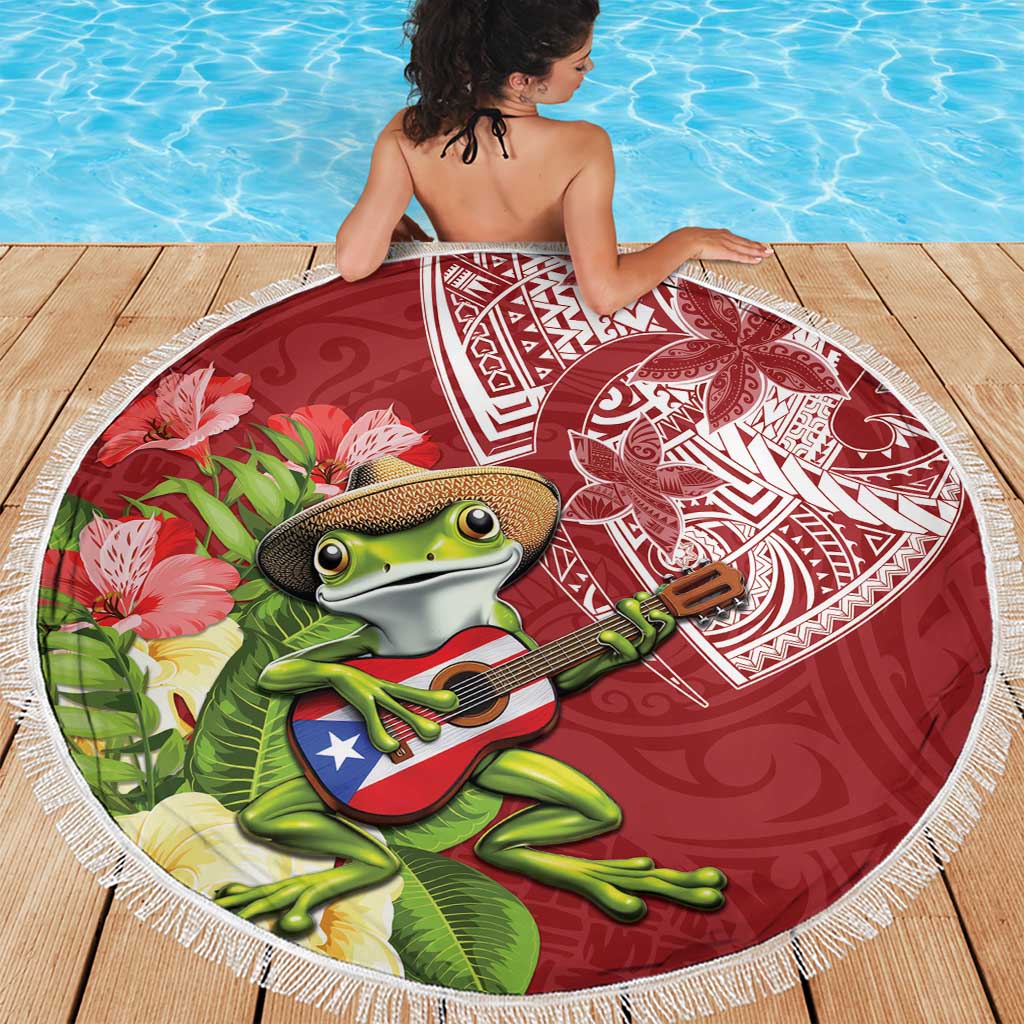 Puerto Rico Coqui Frog Beach Blanket Tropical Flowers Polynesian Style - Polynesian Pride