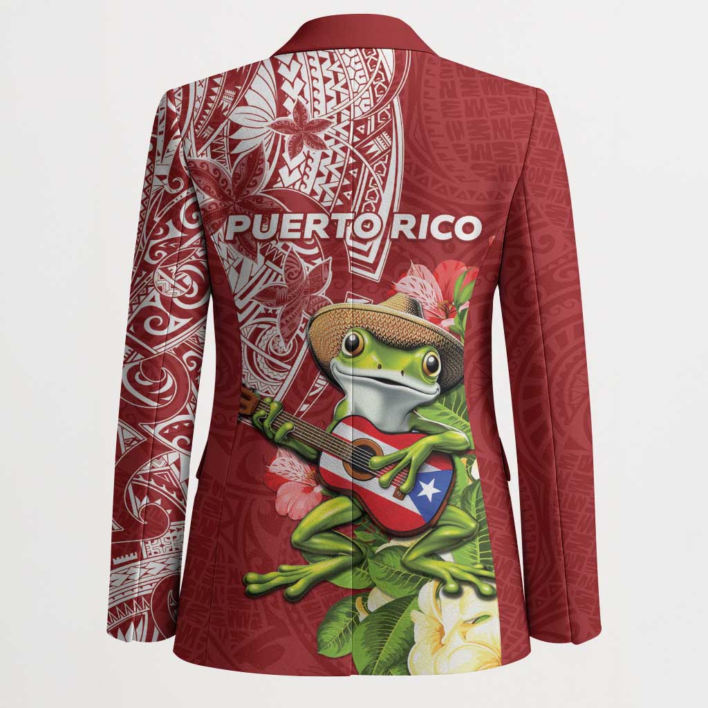 Puerto Rico Coqui Frog Blazer Tropical Flowers Polynesian Style - Polynesian Pride