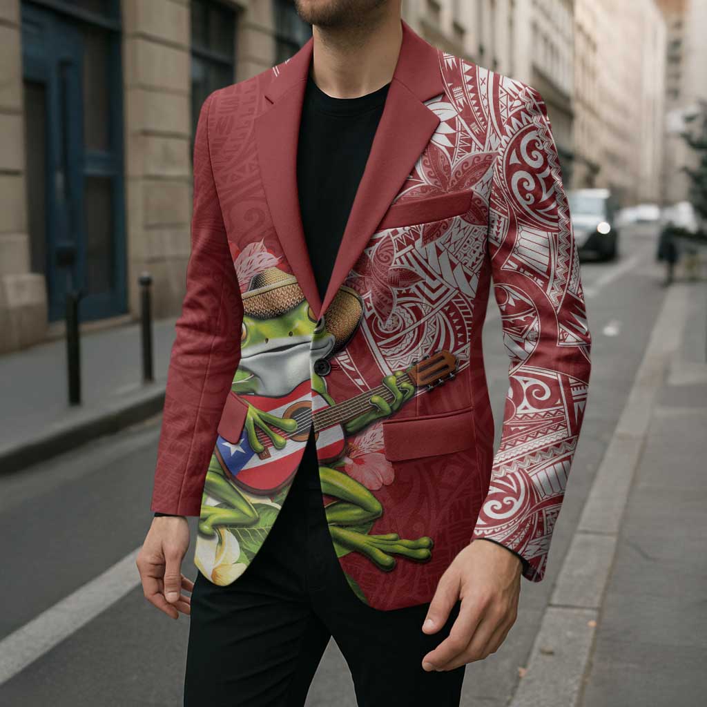 Puerto Rico Coqui Frog Blazer Tropical Flowers Polynesian Style - Polynesian Pride