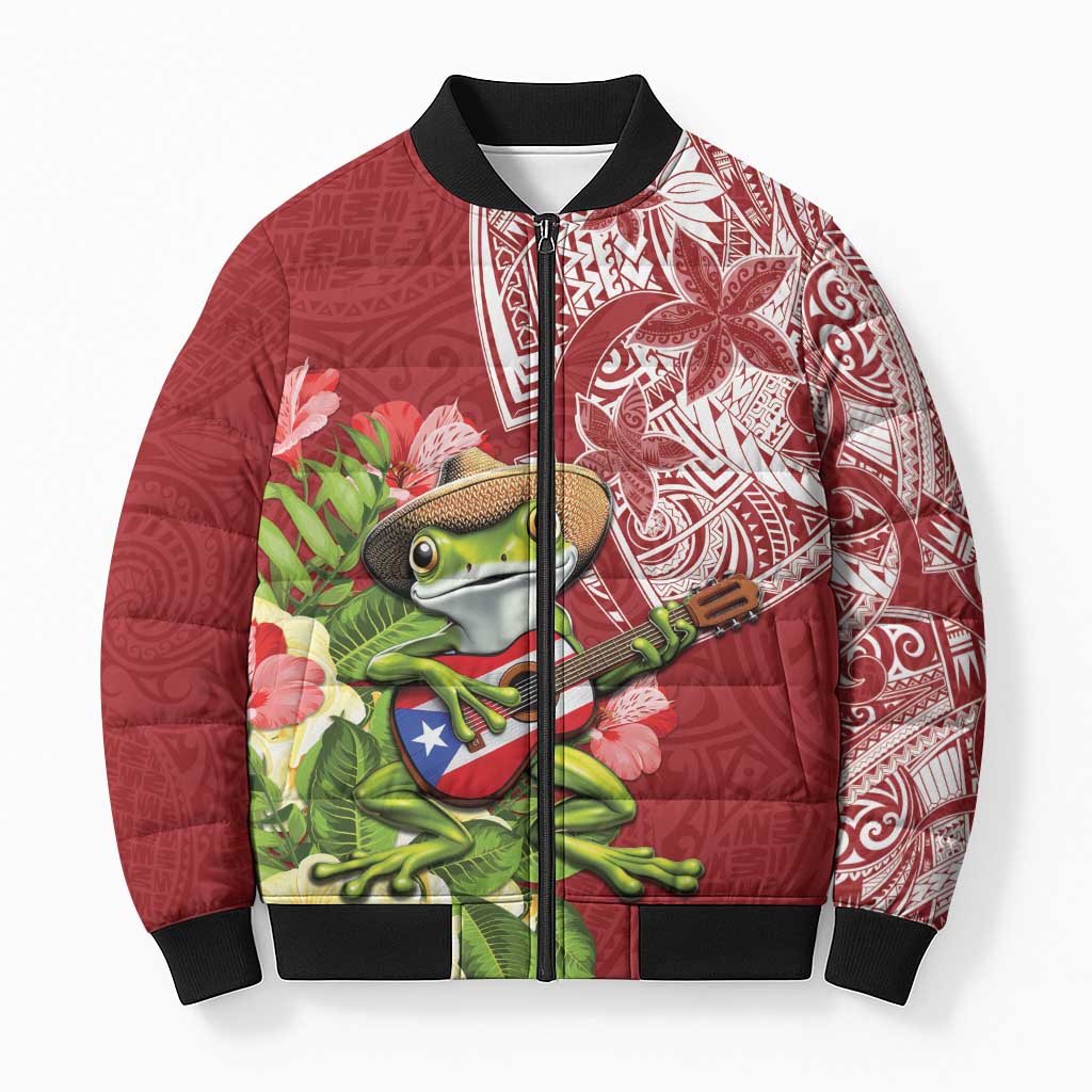 Puerto Rico Coqui Frog Bomber Puffer Jacket Tropical Flowers Polynesian Style - Polynesian Pride