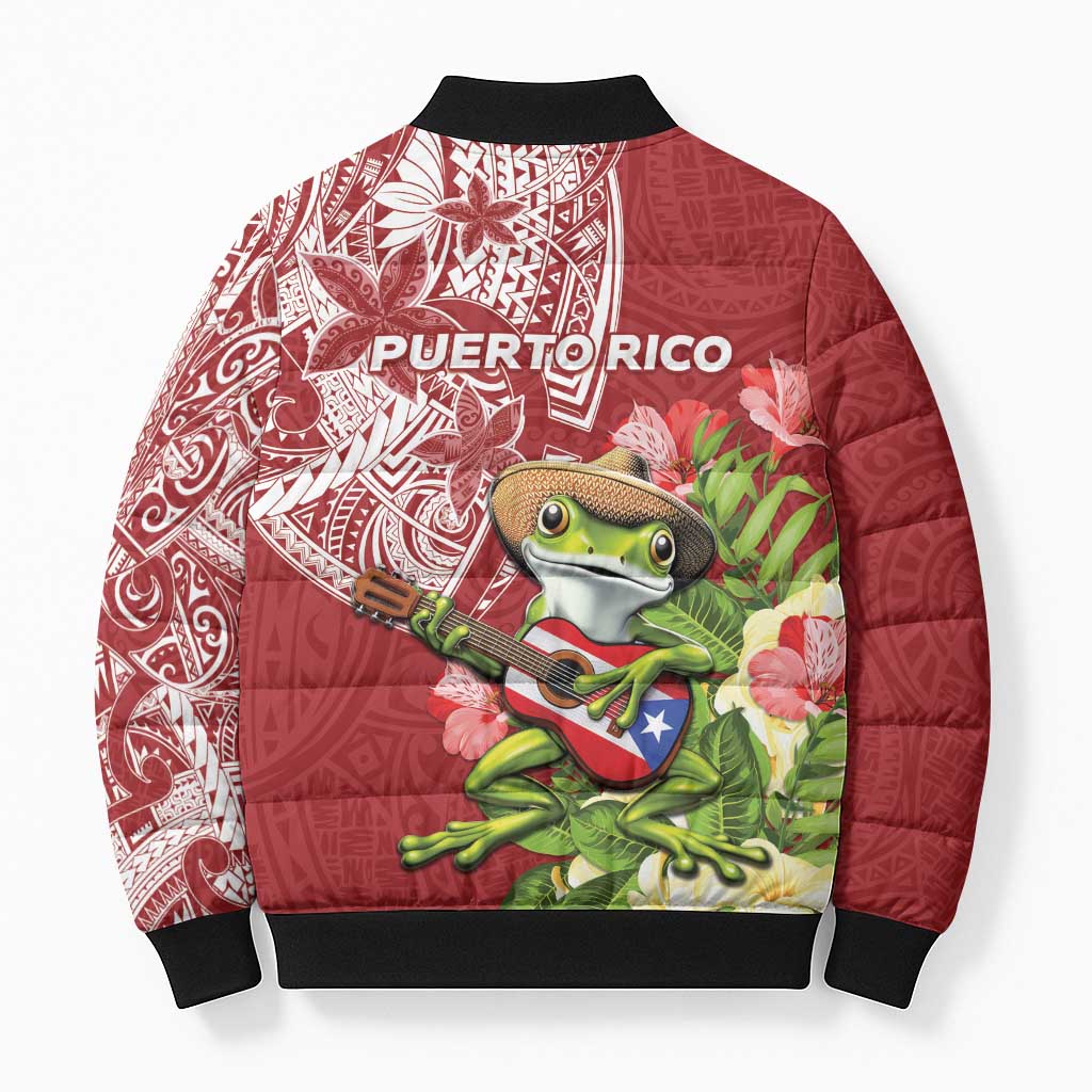 Puerto Rico Coqui Frog Bomber Puffer Jacket Tropical Flowers Polynesian Style - Polynesian Pride