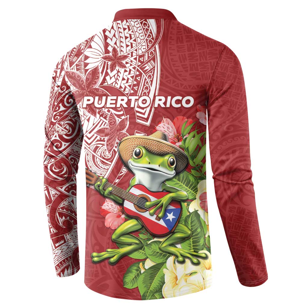 Puerto Rico Coqui Frog Button Sweatshirt Tropical Flowers Polynesian Style - Polynesian Pride