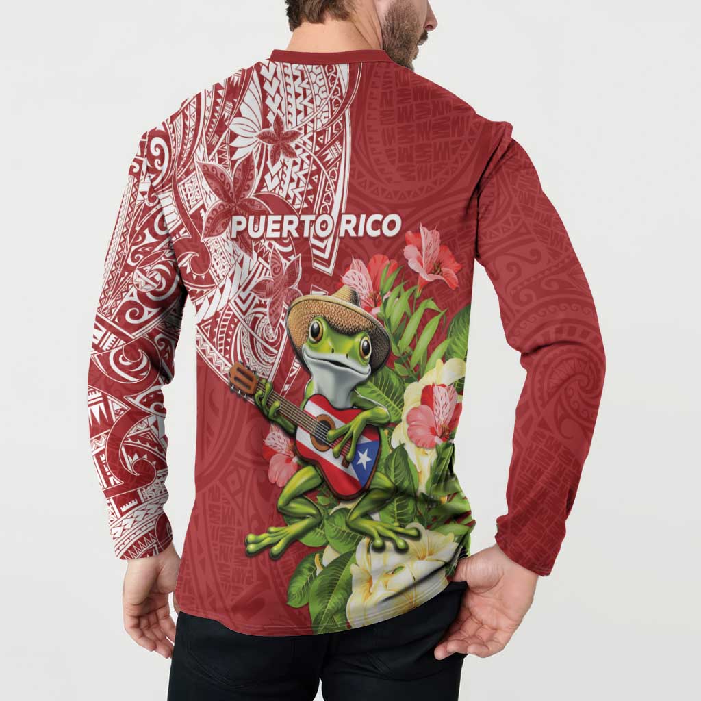 Puerto Rico Coqui Frog Button Sweatshirt Tropical Flowers Polynesian Style - Polynesian Pride