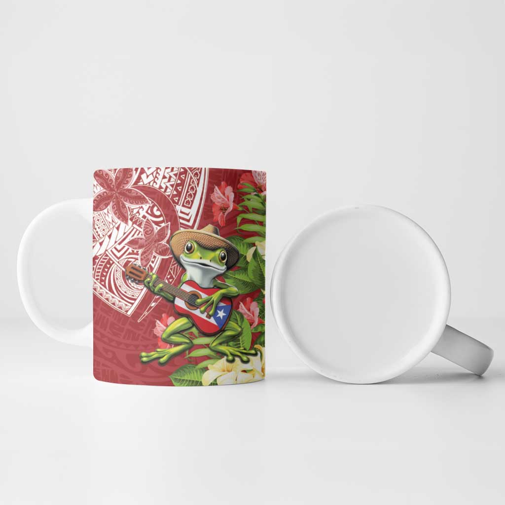 Puerto Rico Coqui Frog Ceramic Mug Tropical Flowers Polynesian Style - Polynesian Pride
