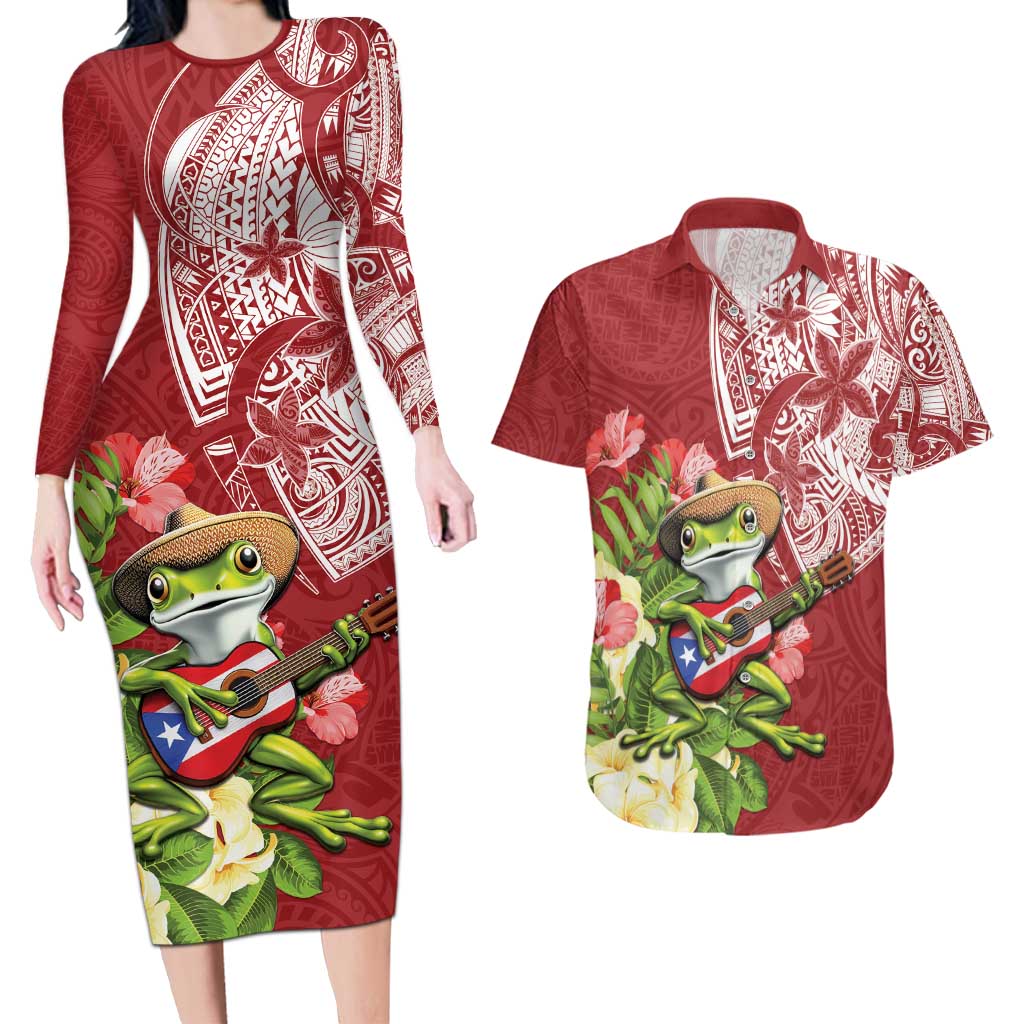 Puerto Rico Coqui Frog Couples Matching Long Sleeve Bodycon Dress and Hawaiian Shirt Tropical Flowers Polynesian Style - Polynesian Pride