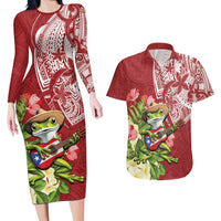 Puerto Rico Coqui Frog Couples Matching Long Sleeve Bodycon Dress and Hawaiian Shirt Tropical Flowers Polynesian Style - Polynesian Pride