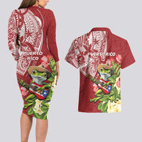Puerto Rico Coqui Frog Couples Matching Long Sleeve Bodycon Dress and Hawaiian Shirt Tropical Flowers Polynesian Style - Polynesian Pride