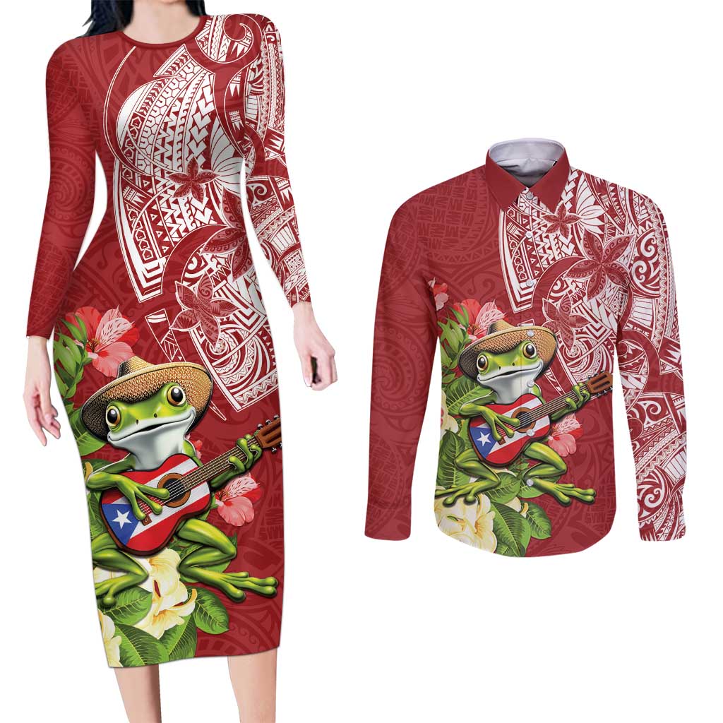 Puerto Rico Coqui Frog Couples Matching Long Sleeve Bodycon Dress and Long Sleeve Button Shirt Tropical Flowers Polynesian Style - Polynesian Pride