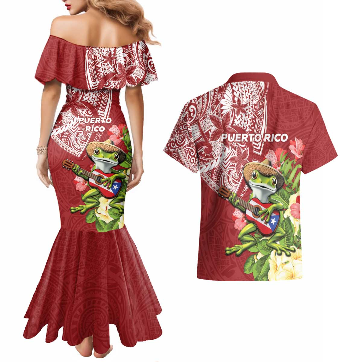 Puerto Rico Coqui Frog Couples Matching Mermaid Dress and Hawaiian Shirt Tropical Flowers Polynesian Style - Polynesian Pride