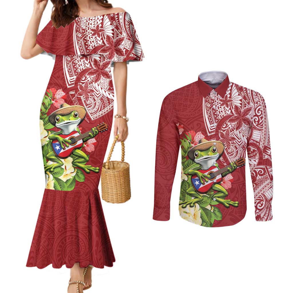 Puerto Rico Coqui Frog Couples Matching Mermaid Dress and Long Sleeve Button Shirt Tropical Flowers Polynesian Style - Polynesian Pride