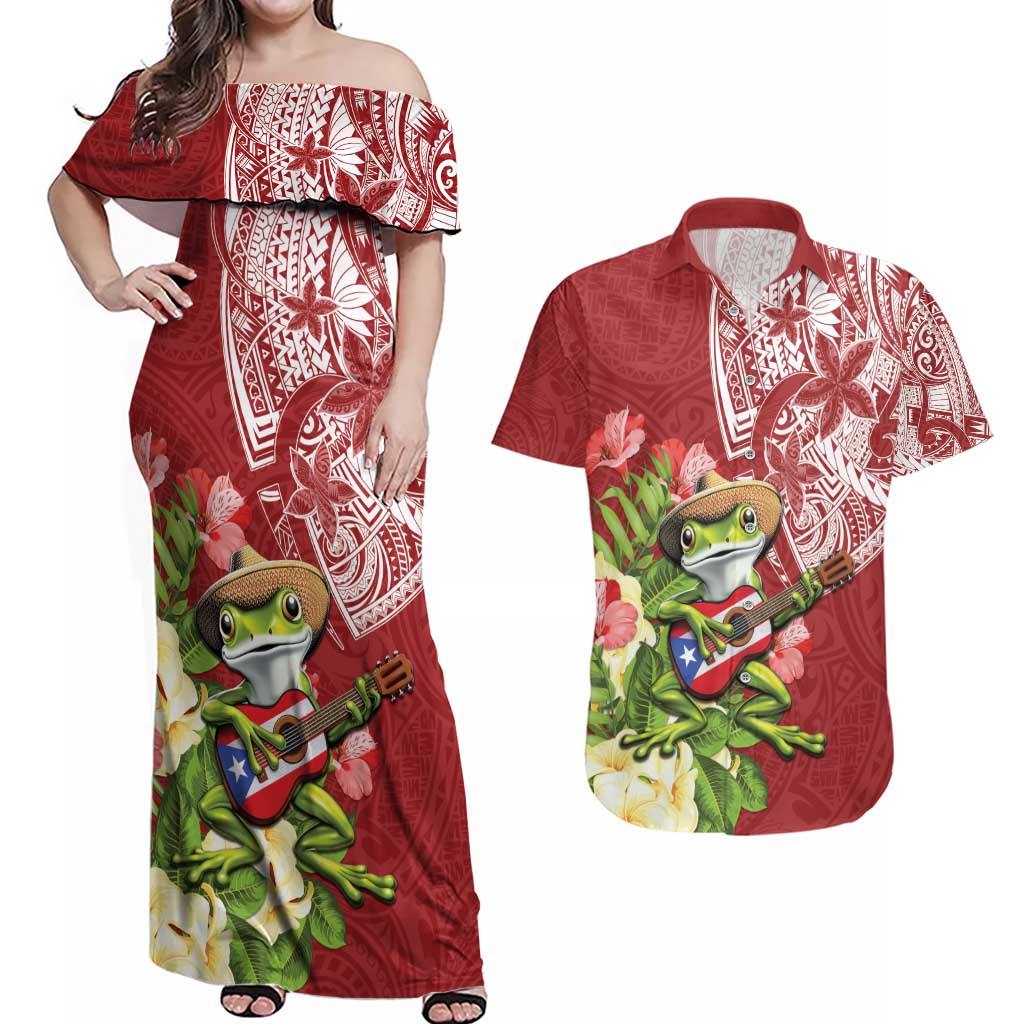 Puerto Rico Coqui Frog Couples Matching Off Shoulder Maxi Dress and Hawaiian Shirt Tropical Flowers Polynesian Style - Polynesian Pride