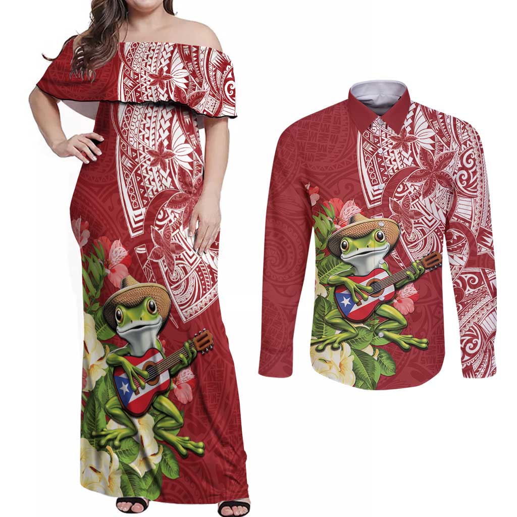 Puerto Rico Coqui Frog Couples Matching Off Shoulder Maxi Dress and Long Sleeve Button Shirt Tropical Flowers Polynesian Style - Polynesian Pride