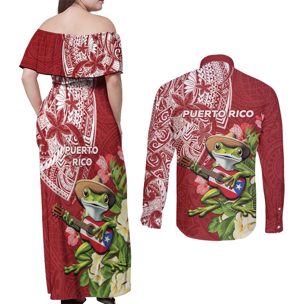 Puerto Rico Coqui Frog Couples Matching Off Shoulder Maxi Dress and Long Sleeve Button Shirt Tropical Flowers Polynesian Style - Polynesian Pride
