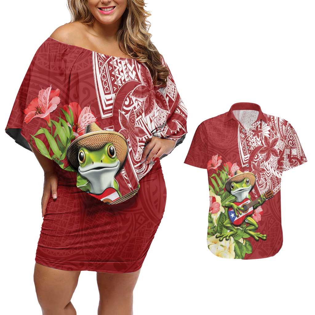 Puerto Rico Coqui Frog Couples Matching Off Shoulder Short Dress and Hawaiian Shirt Tropical Flowers Polynesian Style - Polynesian Pride