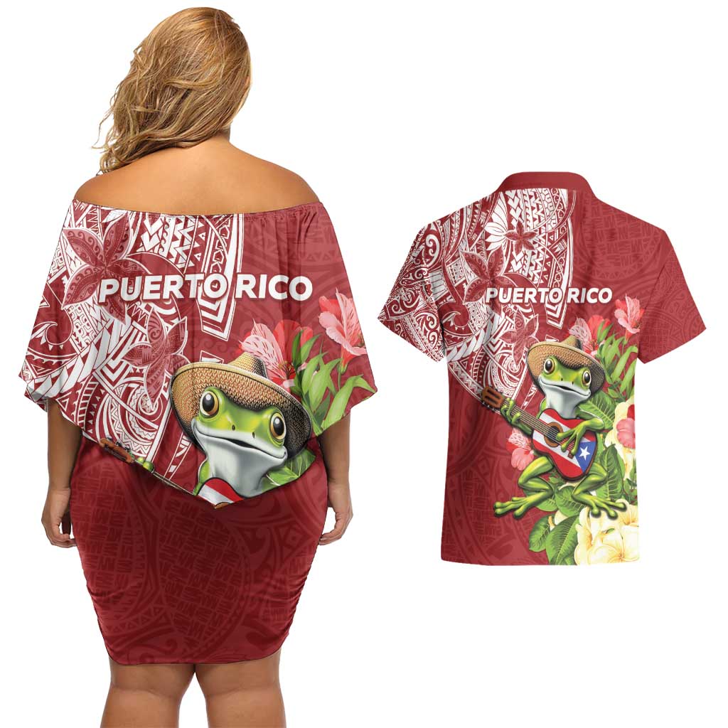 Puerto Rico Coqui Frog Couples Matching Off Shoulder Short Dress and Hawaiian Shirt Tropical Flowers Polynesian Style - Polynesian Pride