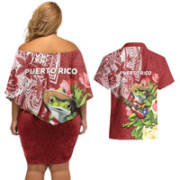 Puerto Rico Coqui Frog Couples Matching Off Shoulder Short Dress and Hawaiian Shirt Tropical Flowers Polynesian Style - Polynesian Pride