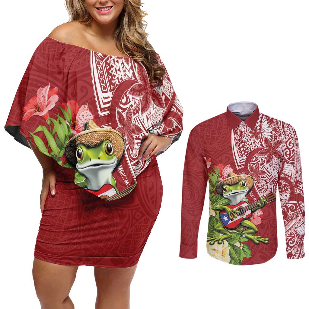 Puerto Rico Coqui Frog Couples Matching Off Shoulder Short Dress and Long Sleeve Button Shirt Tropical Flowers Polynesian Style - Polynesian Pride