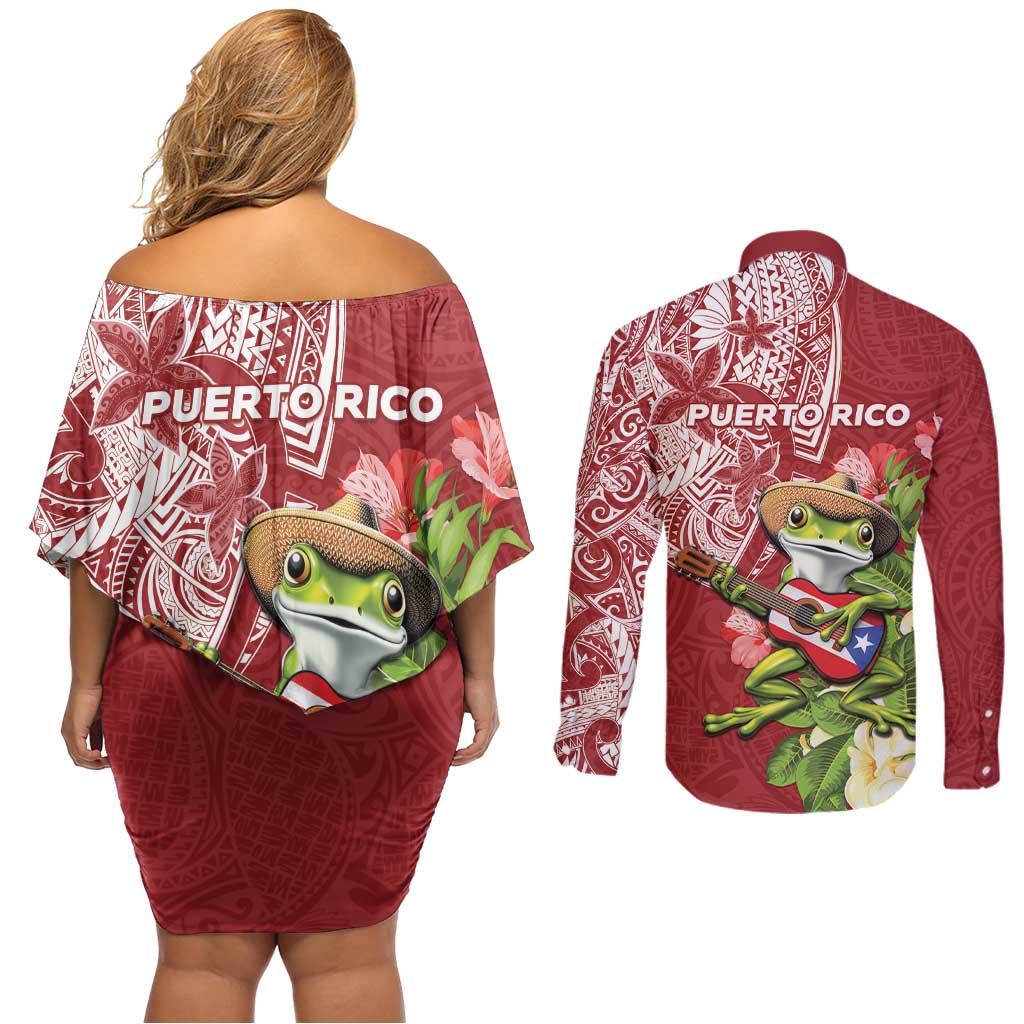 Puerto Rico Coqui Frog Couples Matching Off Shoulder Short Dress and Long Sleeve Button Shirt Tropical Flowers Polynesian Style - Polynesian Pride