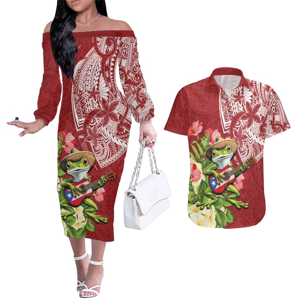 Puerto Rico Coqui Frog Couples Matching Off The Shoulder Long Sleeve Dress and Hawaiian Shirt Tropical Flowers Polynesian Style - Polynesian Pride