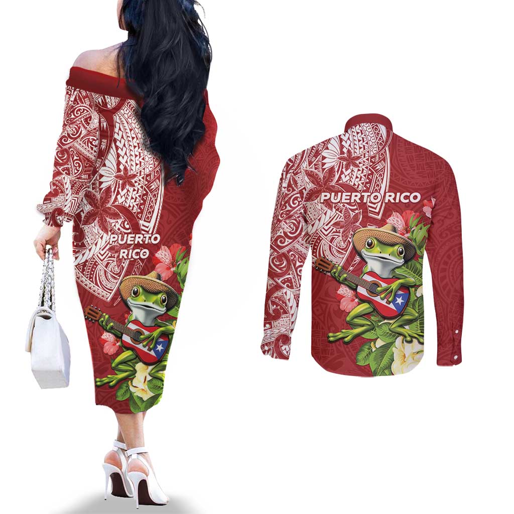 Puerto Rico Coqui Frog Couples Matching Off The Shoulder Long Sleeve Dress and Long Sleeve Button Shirt Tropical Flowers Polynesian Style - Polynesian Pride