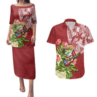 Puerto Rico Coqui Frog Couples Matching Puletasi and Hawaiian Shirt Tropical Flowers Polynesian Style - Polynesian Pride