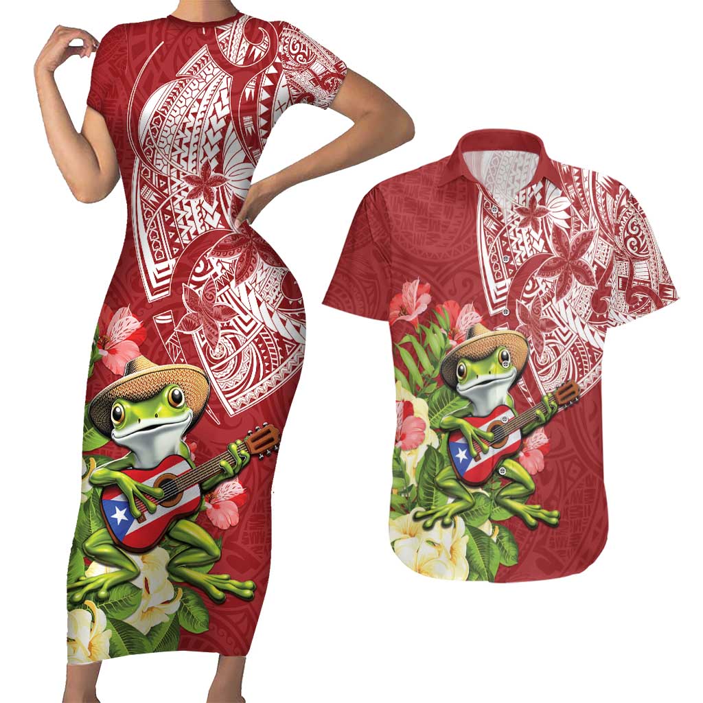 Puerto Rico Coqui Frog Couples Matching Short Sleeve Bodycon Dress and Hawaiian Shirt Tropical Flowers Polynesian Style - Polynesian Pride