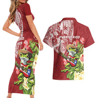 Puerto Rico Coqui Frog Couples Matching Short Sleeve Bodycon Dress and Hawaiian Shirt Tropical Flowers Polynesian Style - Polynesian Pride
