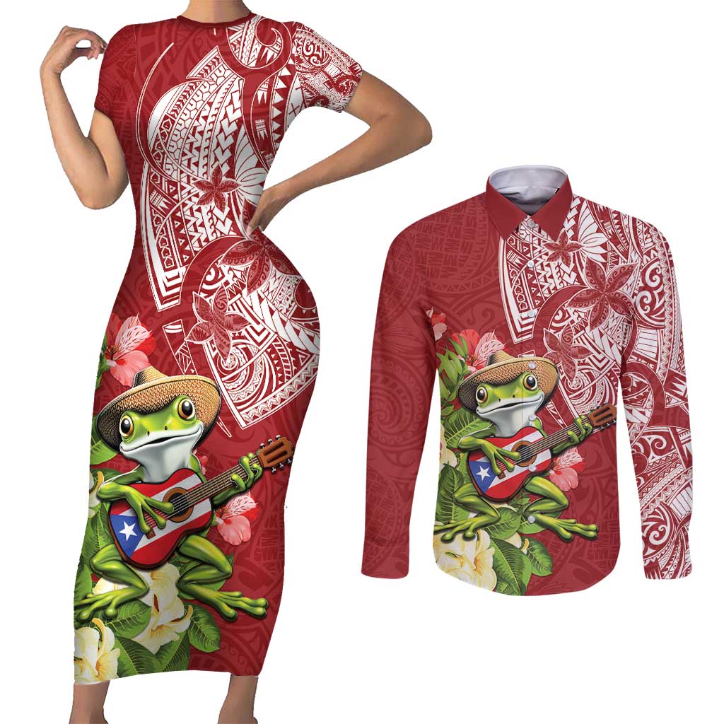 Puerto Rico Coqui Frog Couples Matching Short Sleeve Bodycon Dress and Long Sleeve Button Shirt Tropical Flowers Polynesian Style - Polynesian Pride