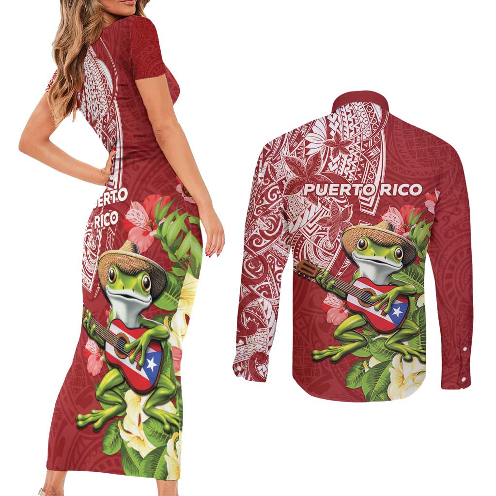 Puerto Rico Coqui Frog Couples Matching Short Sleeve Bodycon Dress and Long Sleeve Button Shirt Tropical Flowers Polynesian Style - Polynesian Pride