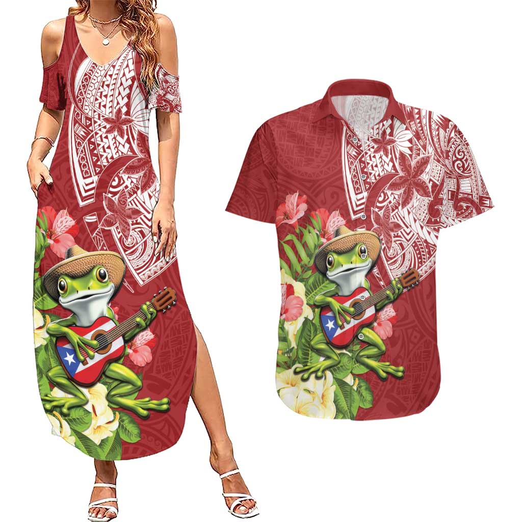 Puerto Rico Coqui Frog Couples Matching Summer Maxi Dress and Hawaiian Shirt Tropical Flowers Polynesian Style - Polynesian Pride