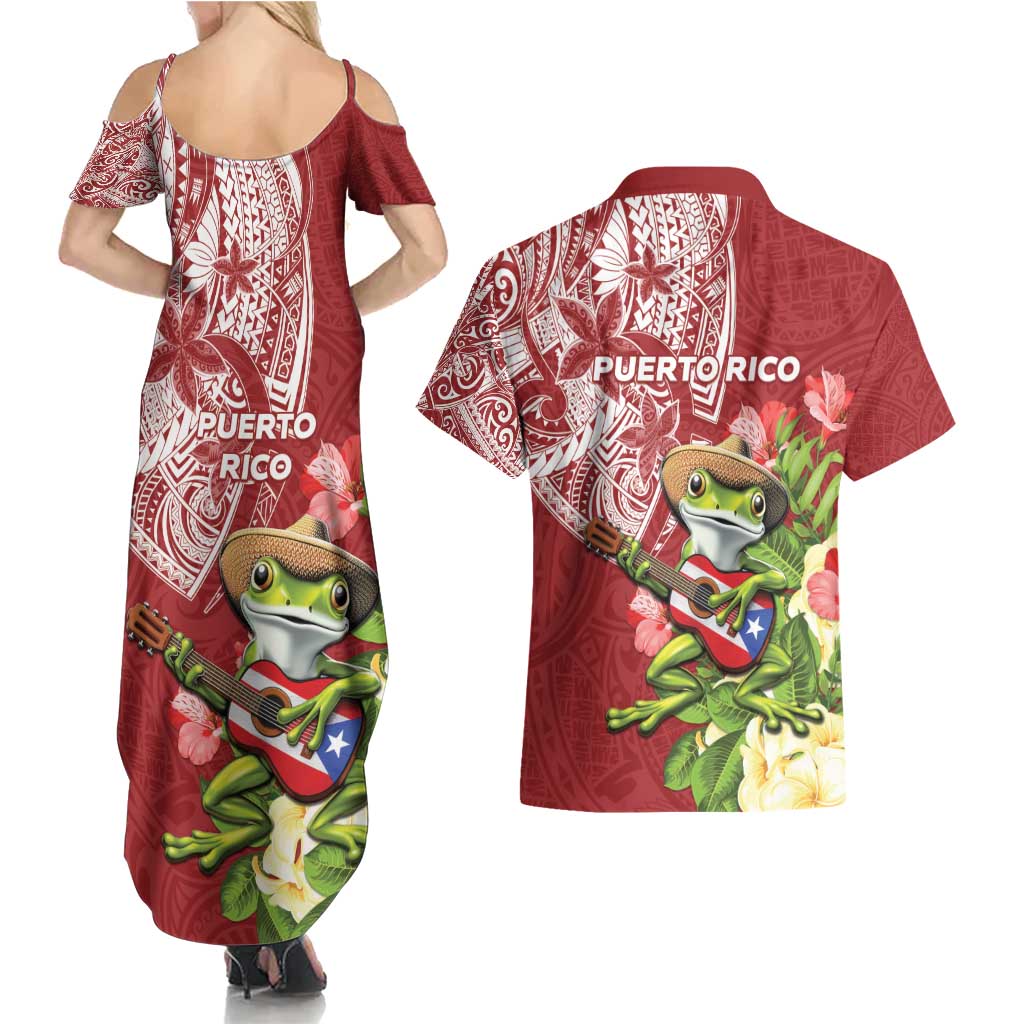 Puerto Rico Coqui Frog Couples Matching Summer Maxi Dress and Hawaiian Shirt Tropical Flowers Polynesian Style - Polynesian Pride