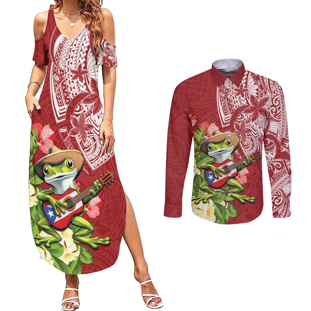 Puerto Rico Coqui Frog Couples Matching Summer Maxi Dress and Long Sleeve Button Shirt Tropical Flowers Polynesian Style - Polynesian Pride