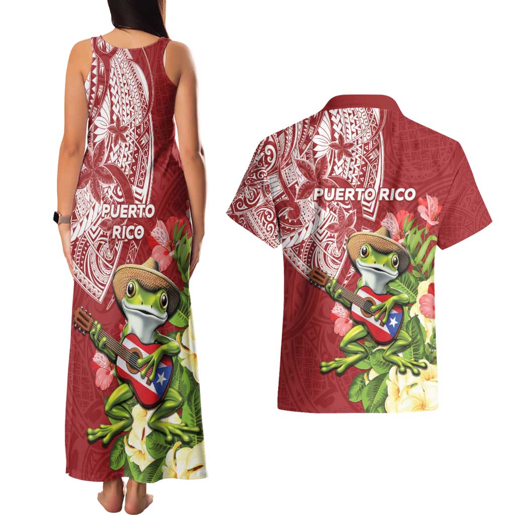 Puerto Rico Coqui Frog Couples Matching Tank Maxi Dress and Hawaiian Shirt Tropical Flowers Polynesian Style - Polynesian Pride