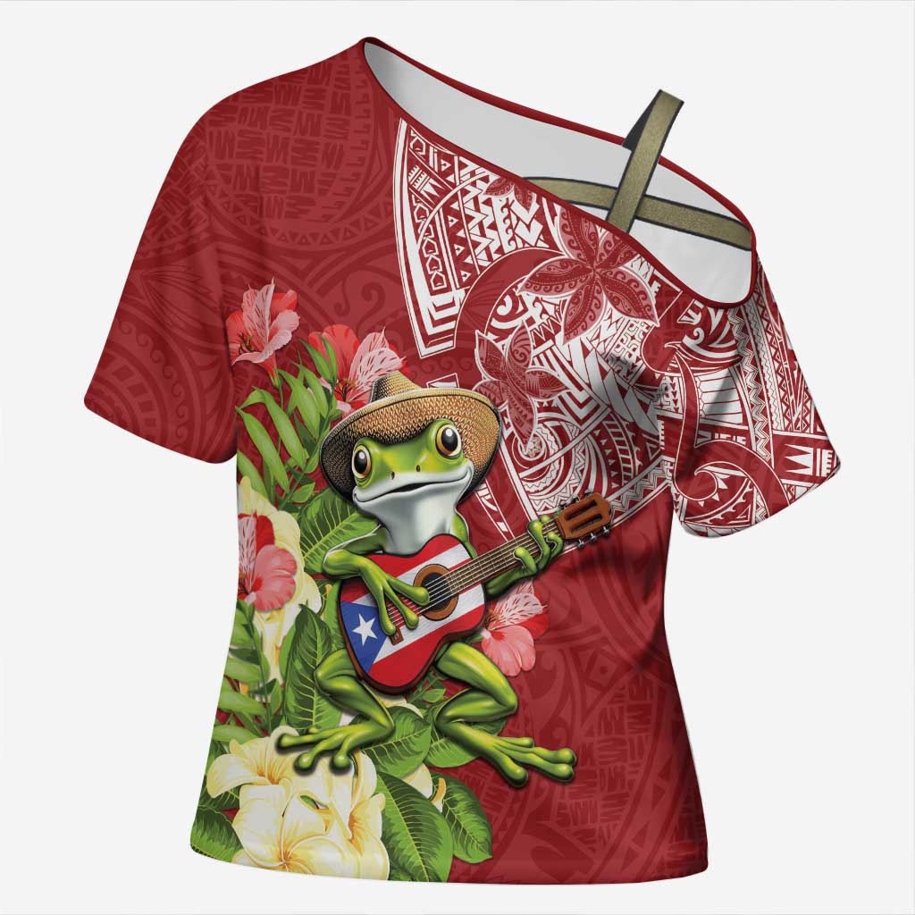 Puerto Rico Coqui Frog Cross Shoulder Shirt Tropical Flowers Polynesian Style - Polynesian Pride