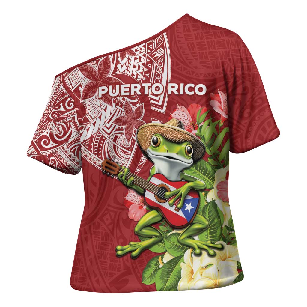 Puerto Rico Coqui Frog Cross Shoulder Shirt Tropical Flowers Polynesian Style - Polynesian Pride