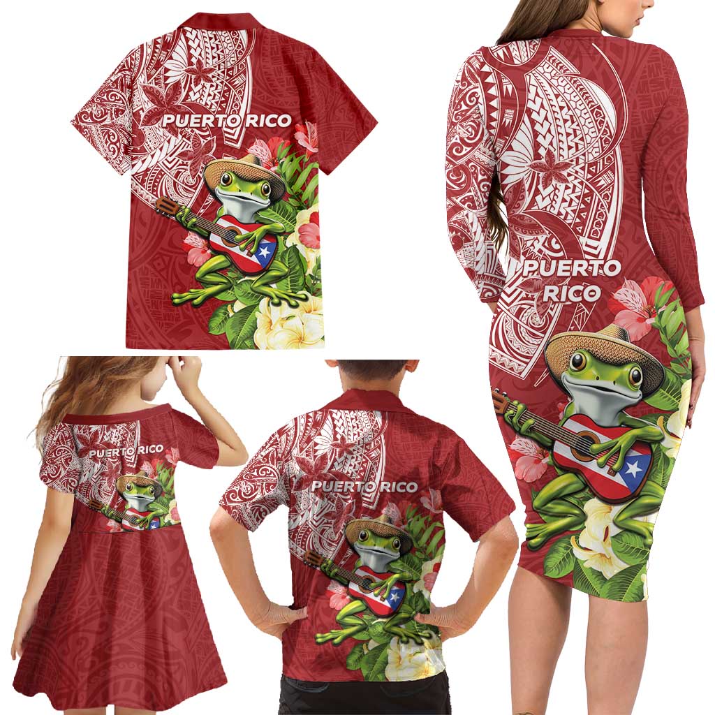 Puerto Rico Coqui Frog Family Matching Long Sleeve Bodycon Dress and Hawaiian Shirt Tropical Flowers Polynesian Style - Polynesian Pride