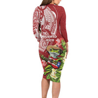 Puerto Rico Coqui Frog Family Matching Long Sleeve Bodycon Dress and Hawaiian Shirt Tropical Flowers Polynesian Style - Polynesian Pride