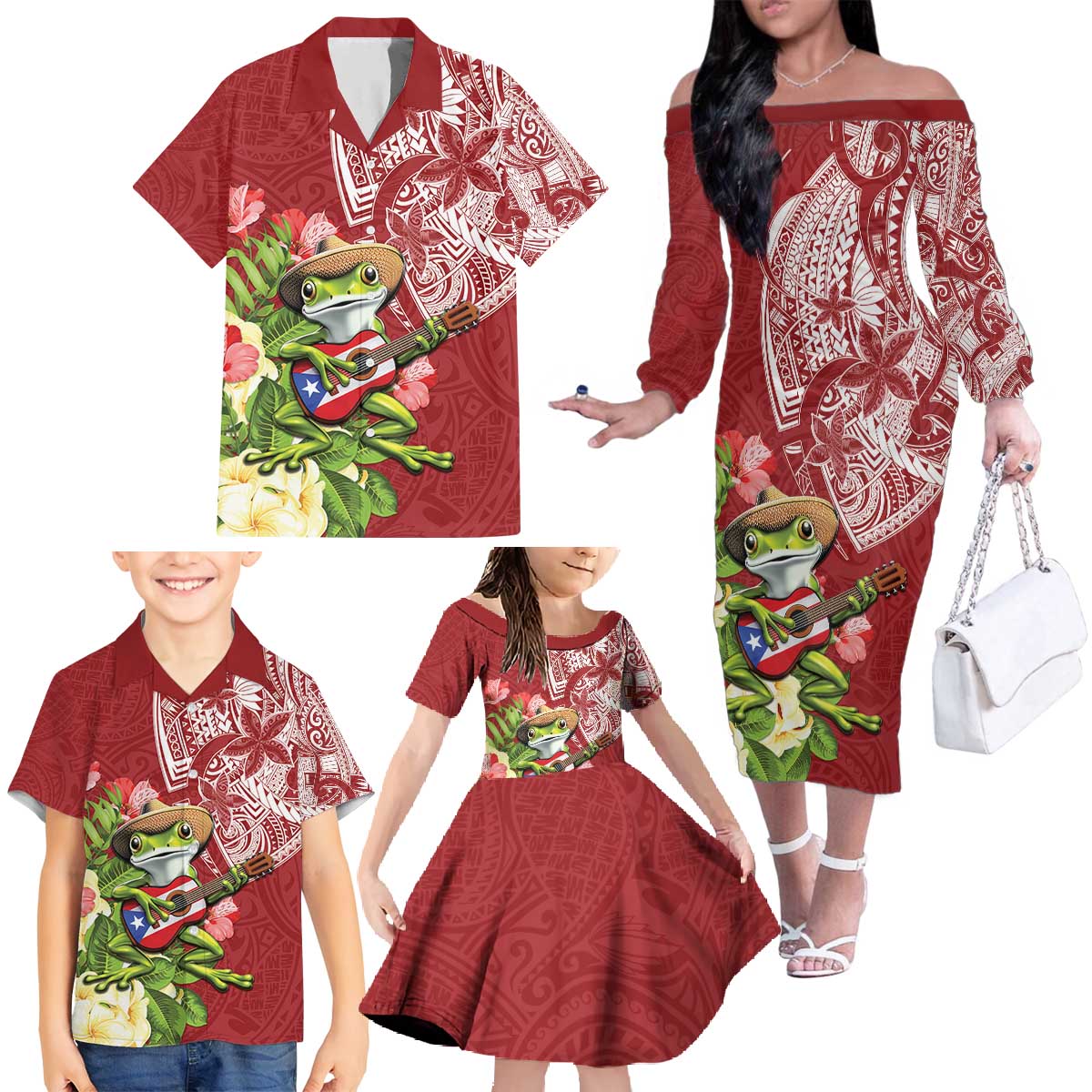 Puerto Rico Coqui Frog Family Matching Off The Shoulder Long Sleeve Dress and Hawaiian Shirt Tropical Flowers Polynesian Style - Polynesian Pride