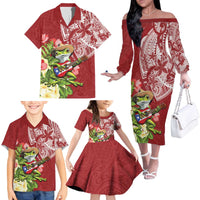 Puerto Rico Coqui Frog Family Matching Off The Shoulder Long Sleeve Dress and Hawaiian Shirt Tropical Flowers Polynesian Style - Polynesian Pride