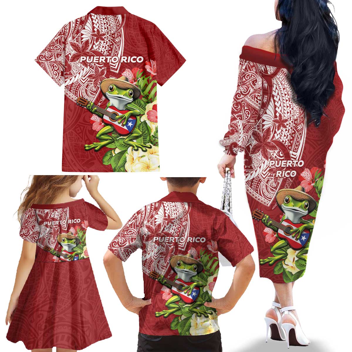 Puerto Rico Coqui Frog Family Matching Off The Shoulder Long Sleeve Dress and Hawaiian Shirt Tropical Flowers Polynesian Style - Polynesian Pride
